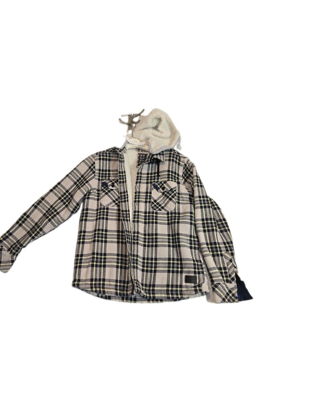 Billabong Mens M Sherpa Lined Jacket Hooded Plaid Flannel Navy Cream Gold
